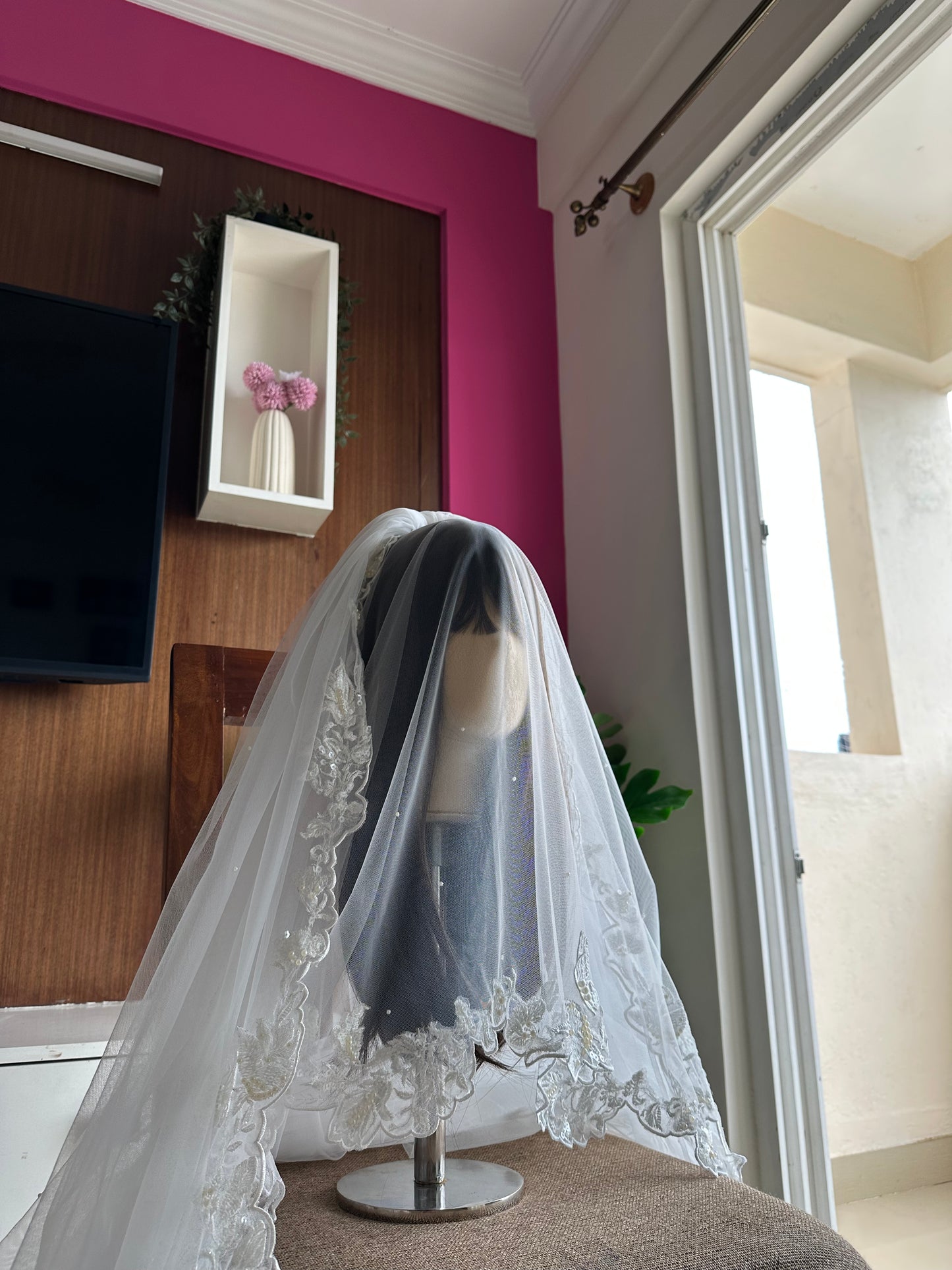 The Love Story Veil : White Cathedral Petal Cut custom hand embroidered floral veil with love story personalisation
