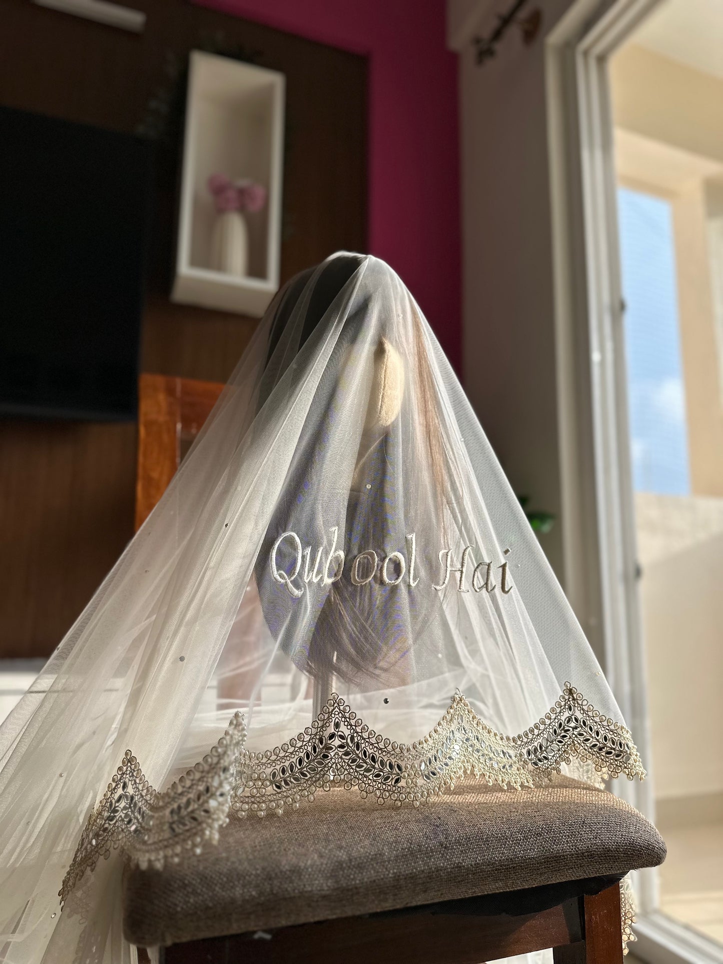Ayat : An off-White Veil with no joining and mirror work border