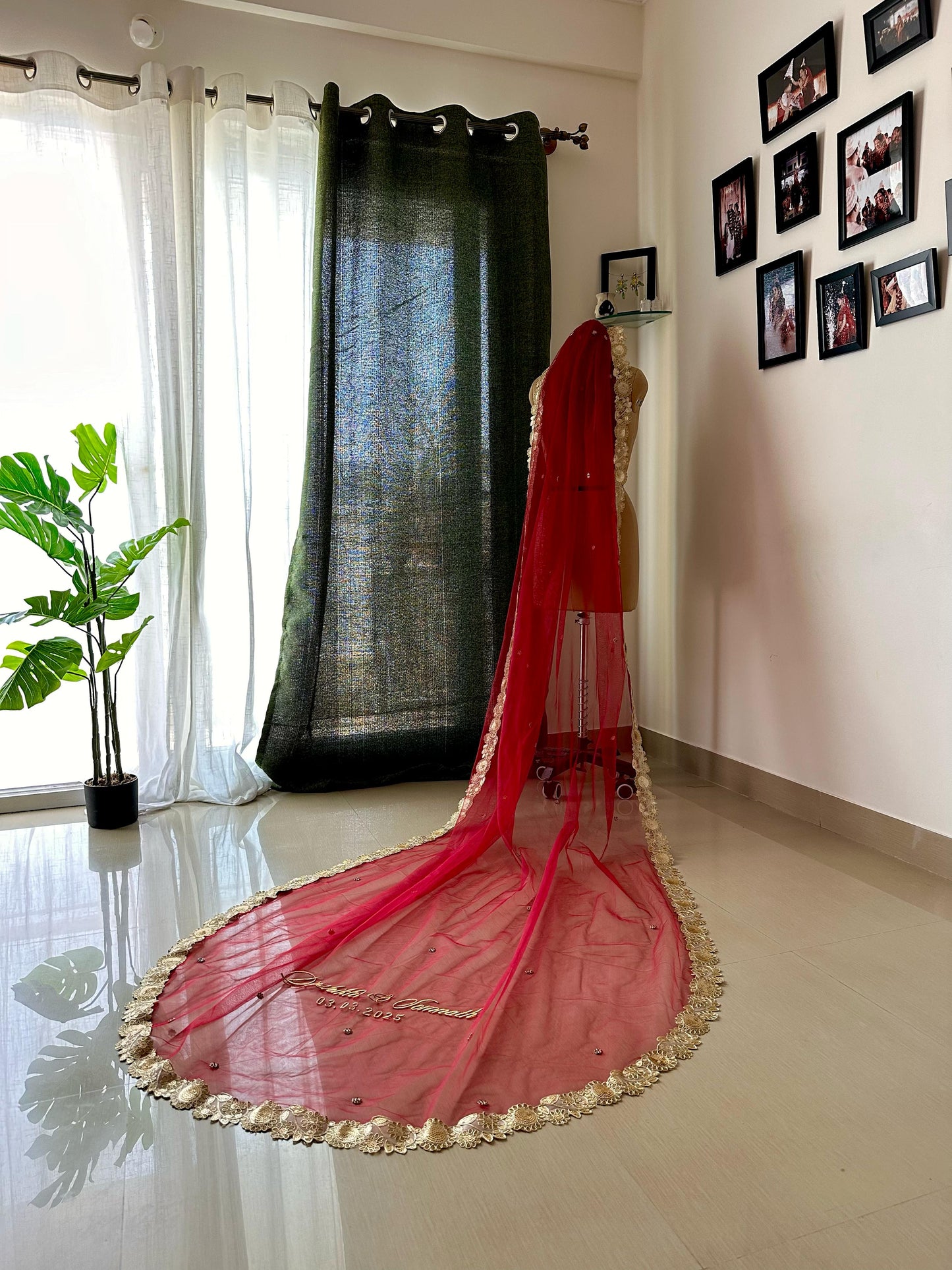 The Origin Veil — Personalized Edition || Maroon-Gold Classic - Stone studded Cathedral Length Veil