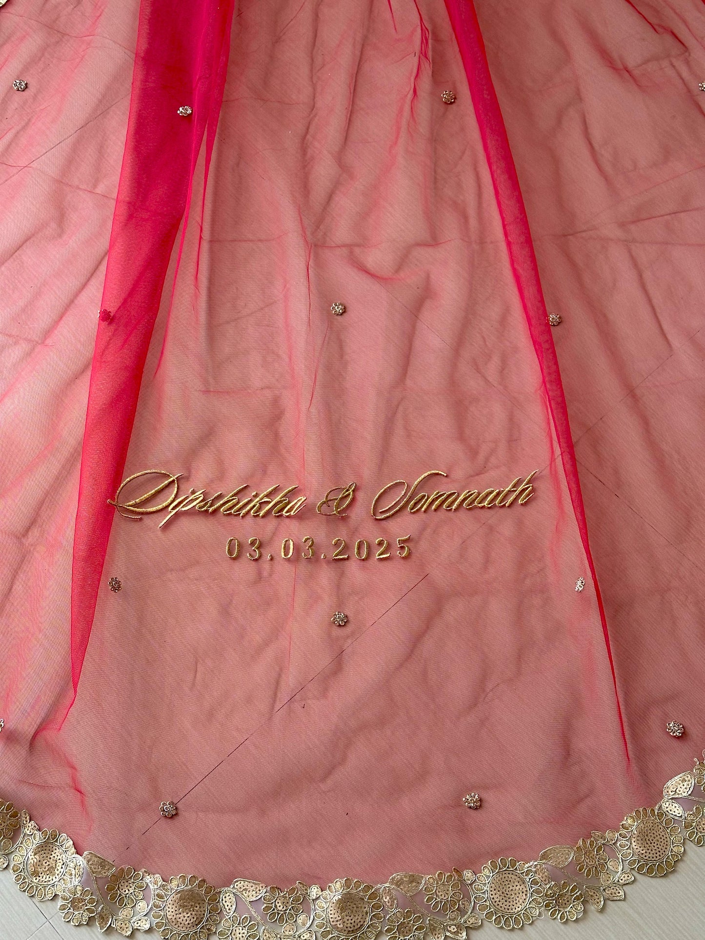 The Origin Veil — Personalized Edition || Maroon-Gold Classic - Stone studded Cathedral Length Veil