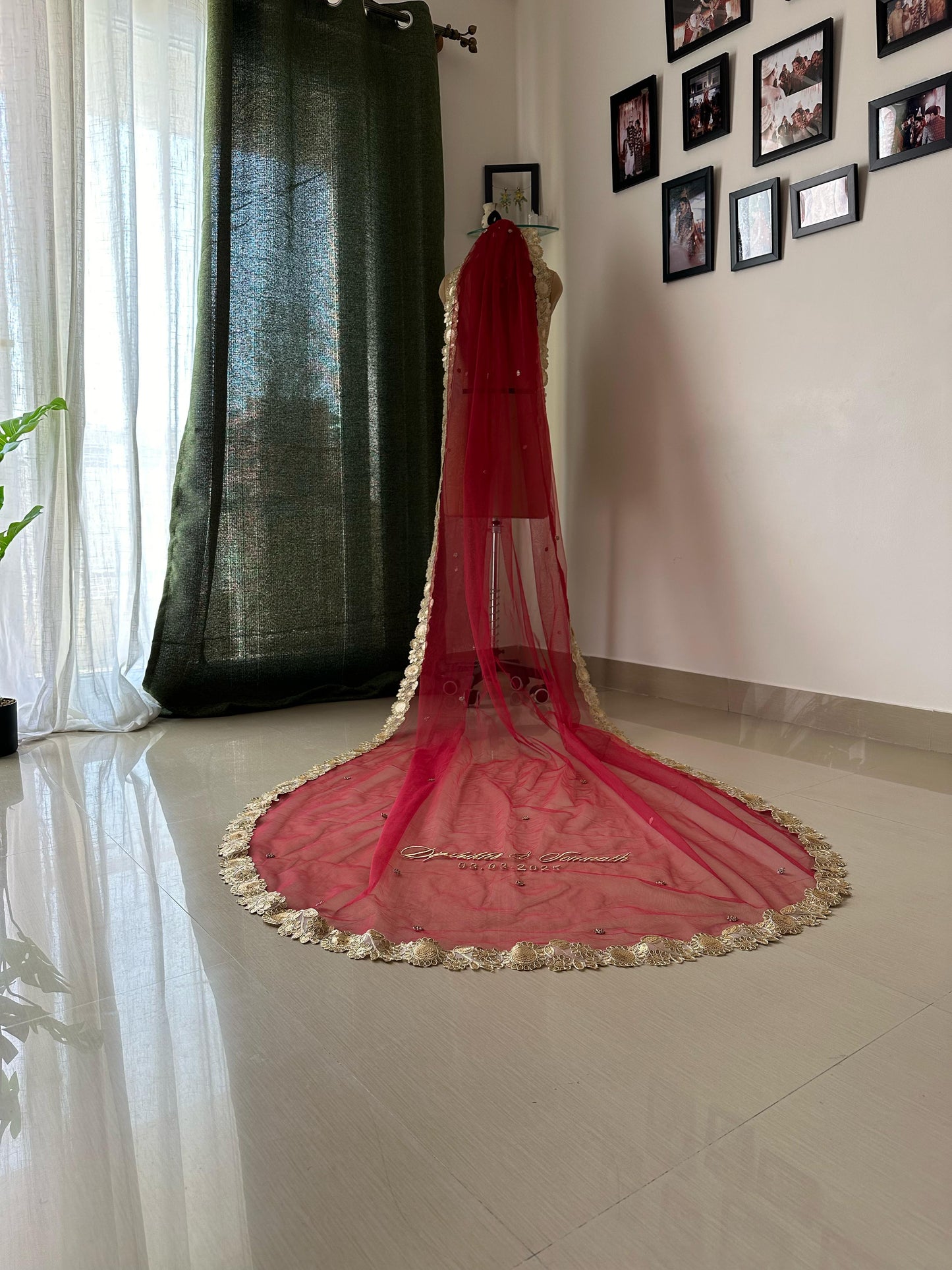 The Origin Veil — Personalized Edition || Maroon-Gold Classic - Stone studded Cathedral Length Veil