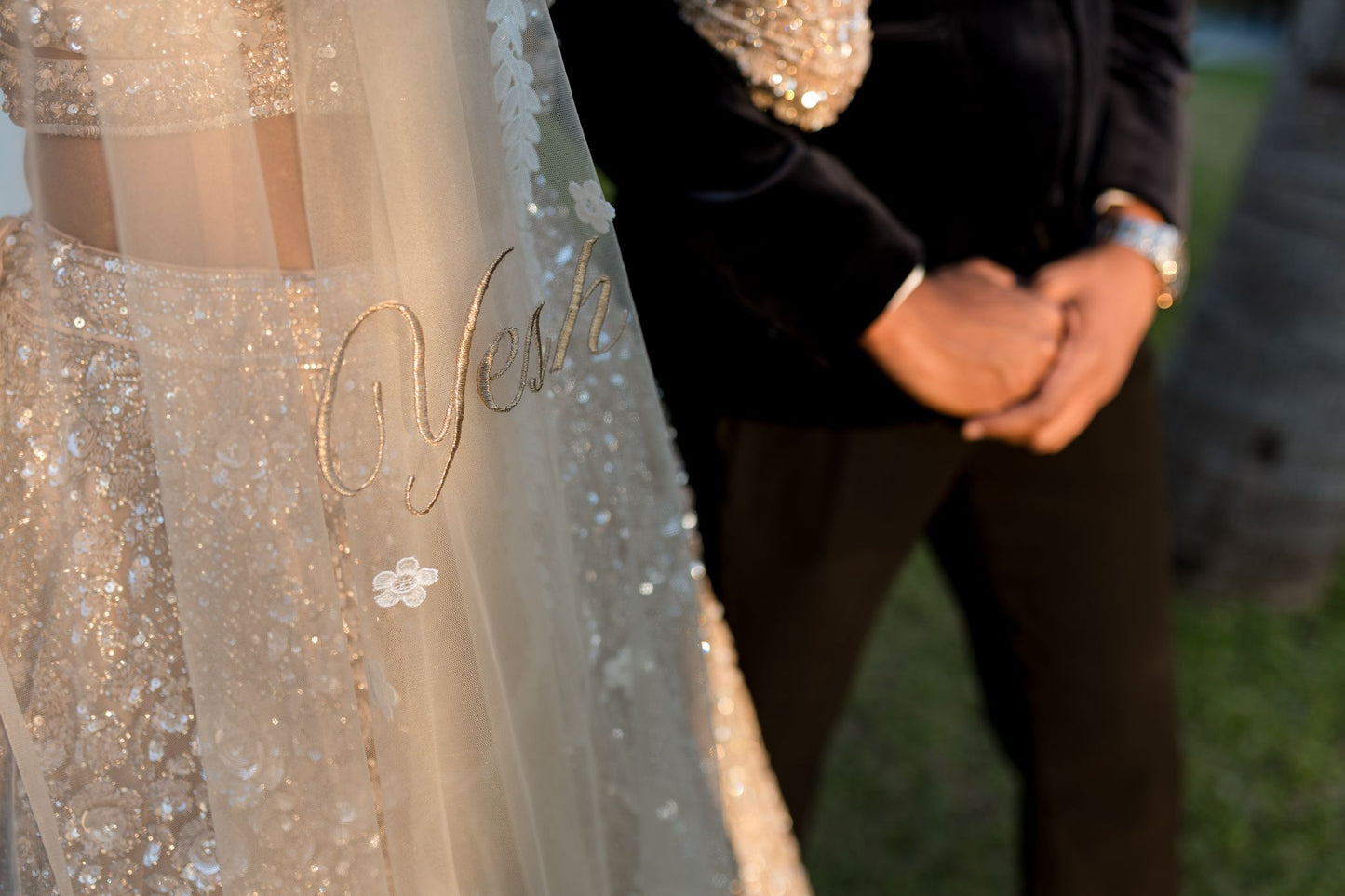 Victorious : A Beige Veil in Victorian style Trail work with personalised Groom's name