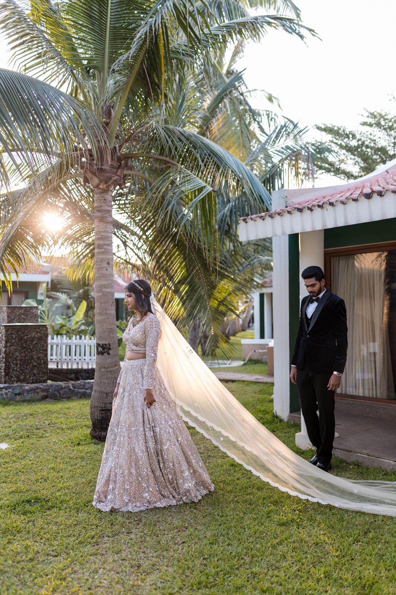 Victorious : A Beige Veil in Victorian style Trail work with personalised Groom's name
