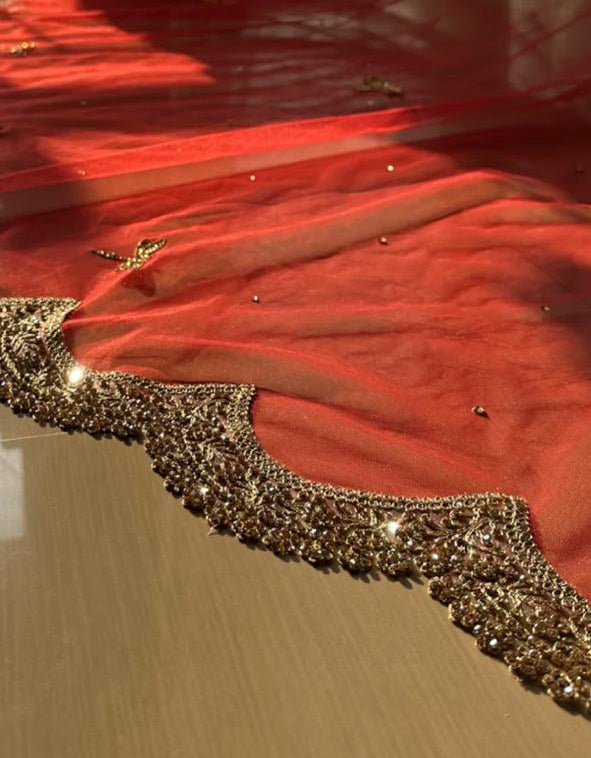 Sarandha :  A Classic Red Veil with Wedding Logo and couple’s name with date