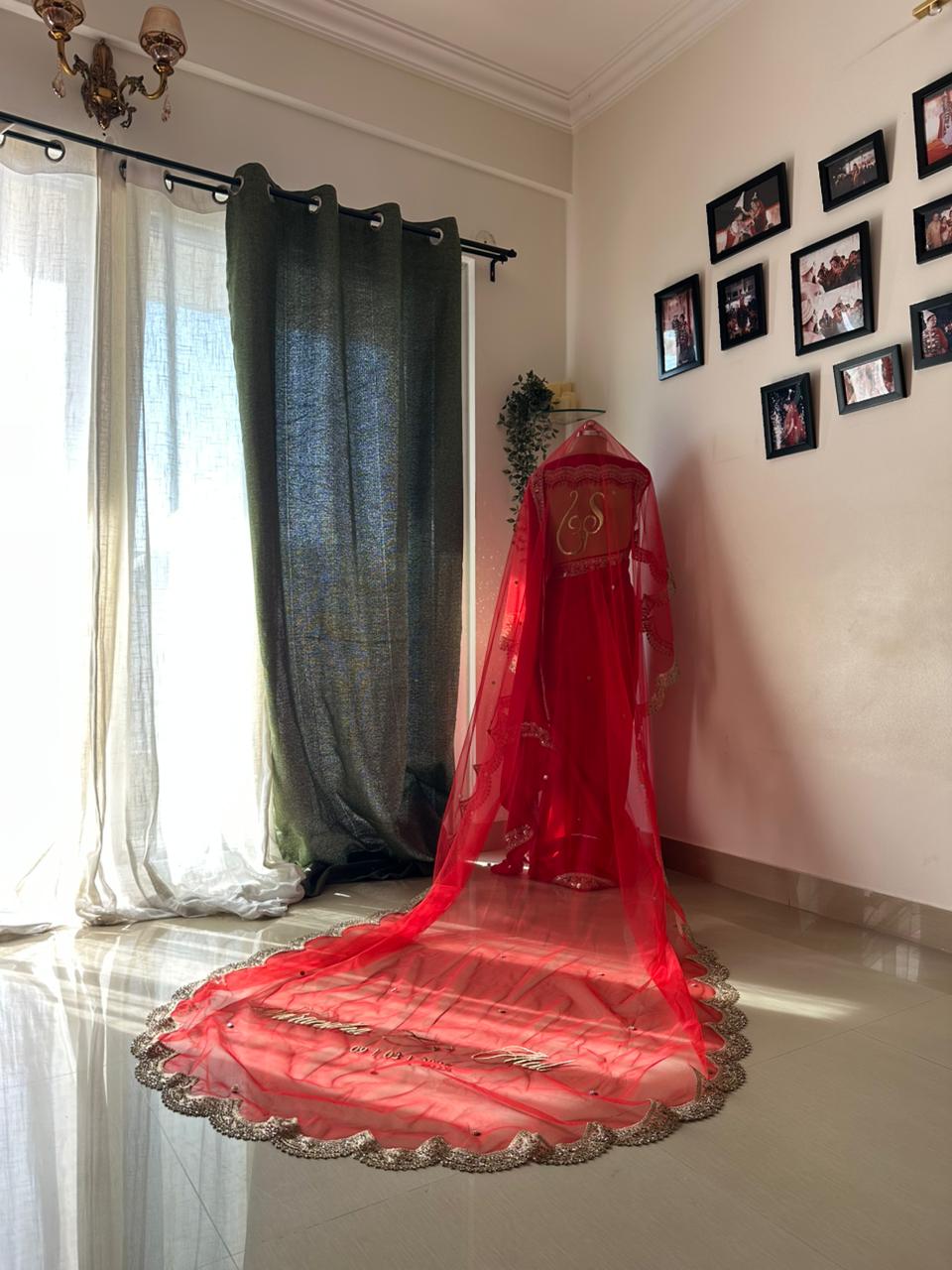 Sarandha :  A Classic Red Veil with Wedding Logo and couple’s name with date