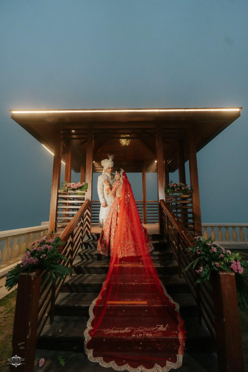Sarandha :  A Classic Red Veil with Wedding Logo and couple’s name with date