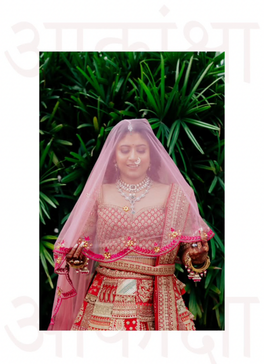 Machine Embroidered Pink Veil with Scalloped Floral Border & Stone Embellishments