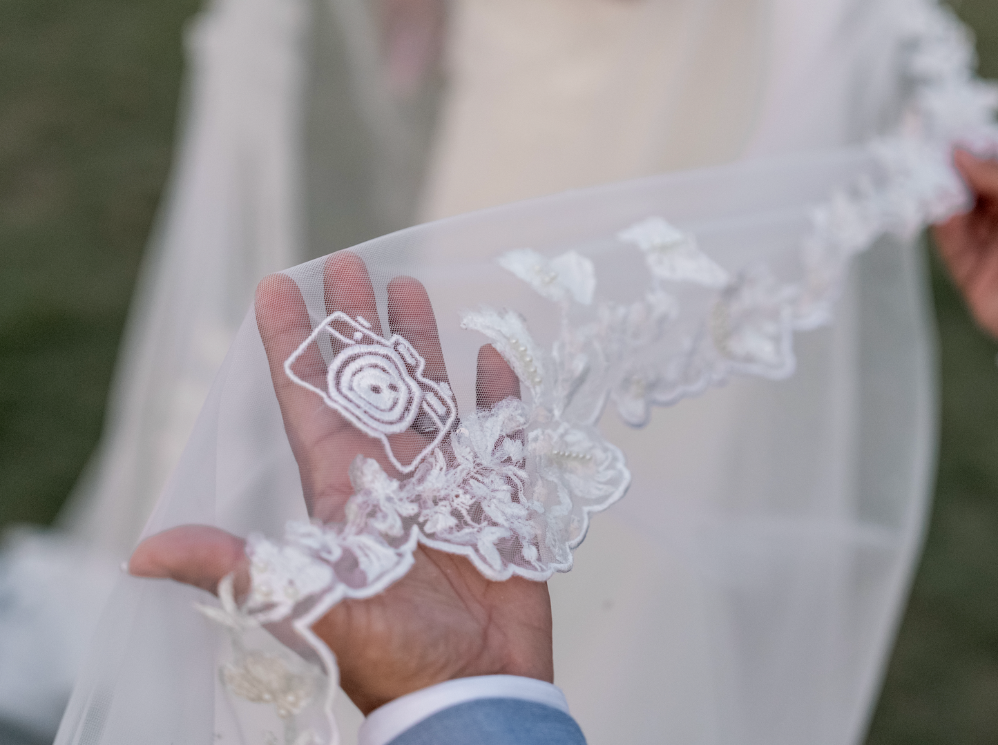 Love Story Veil : Ivory White Cathedral Petal Cut custom hand embroidered floral veil with love story personalisation