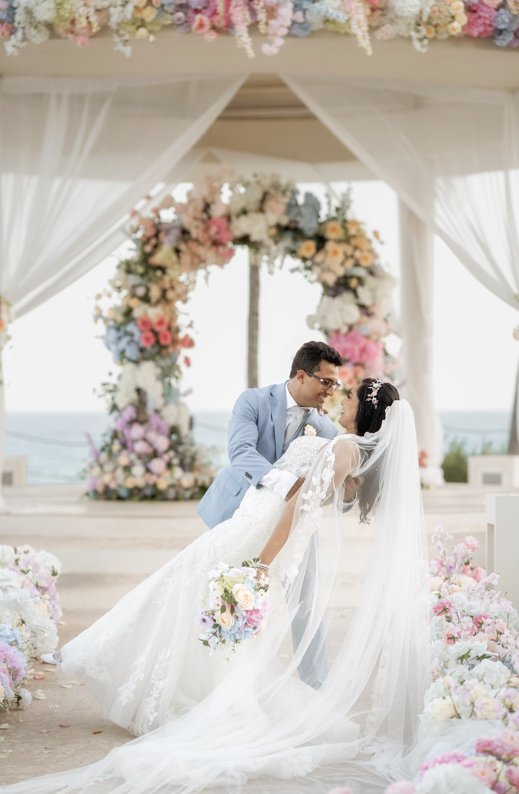 Love Story Veil : Ivory White Cathedral Petal Cut custom hand embroidered floral veil with love story personalisation