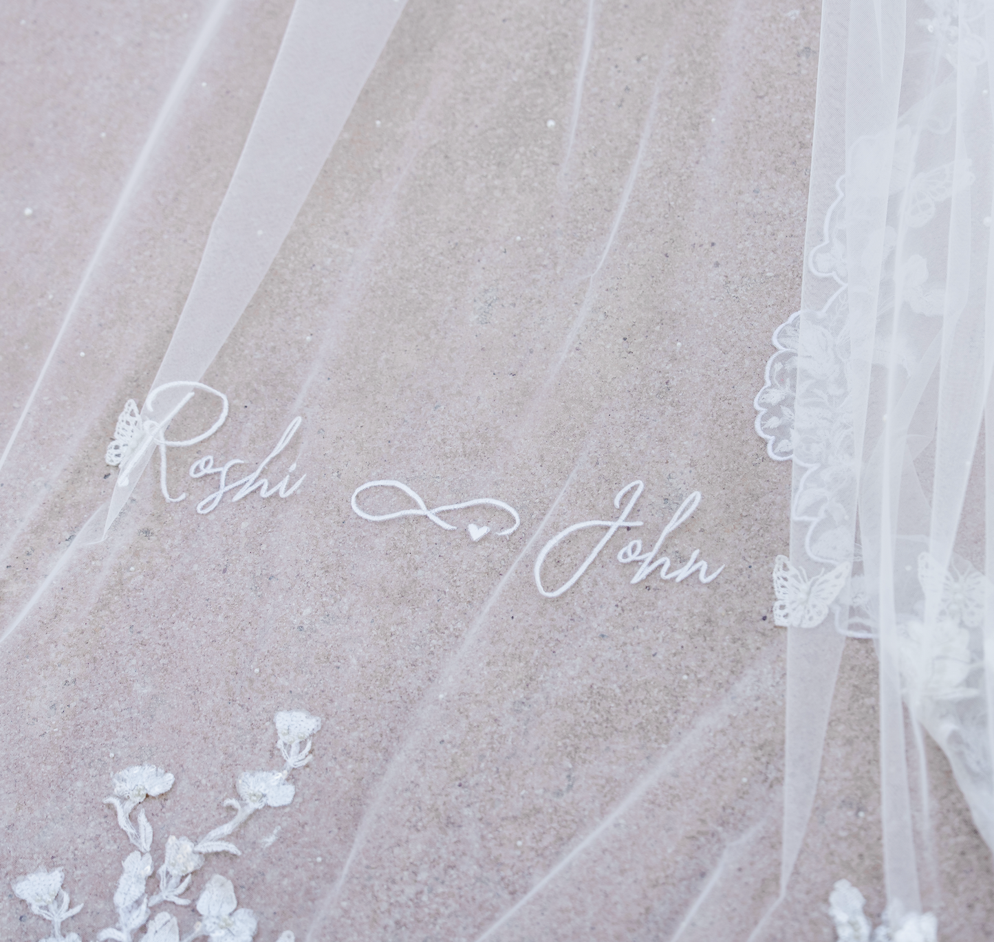 Love Story Veil : Ivory White Cathedral Petal Cut custom hand embroidered floral veil with love story personalisation