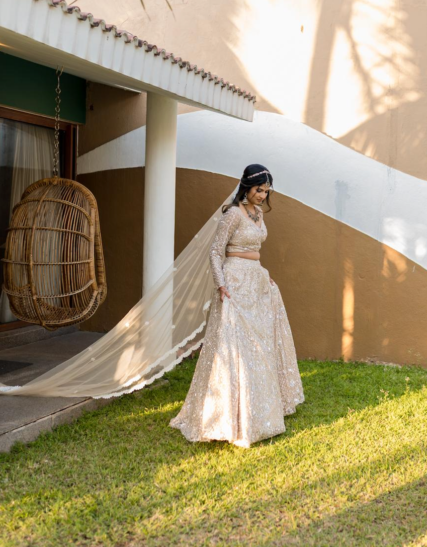 Victorious : A Beige Veil in Victorian style Trail work with personalised Groom's name