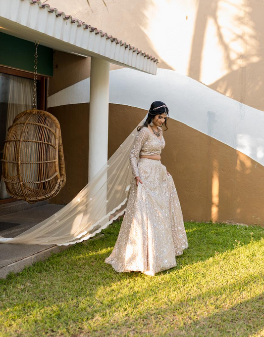 Victorious : A Beige Veil in Victorian style Trail work with personalised Groom's name