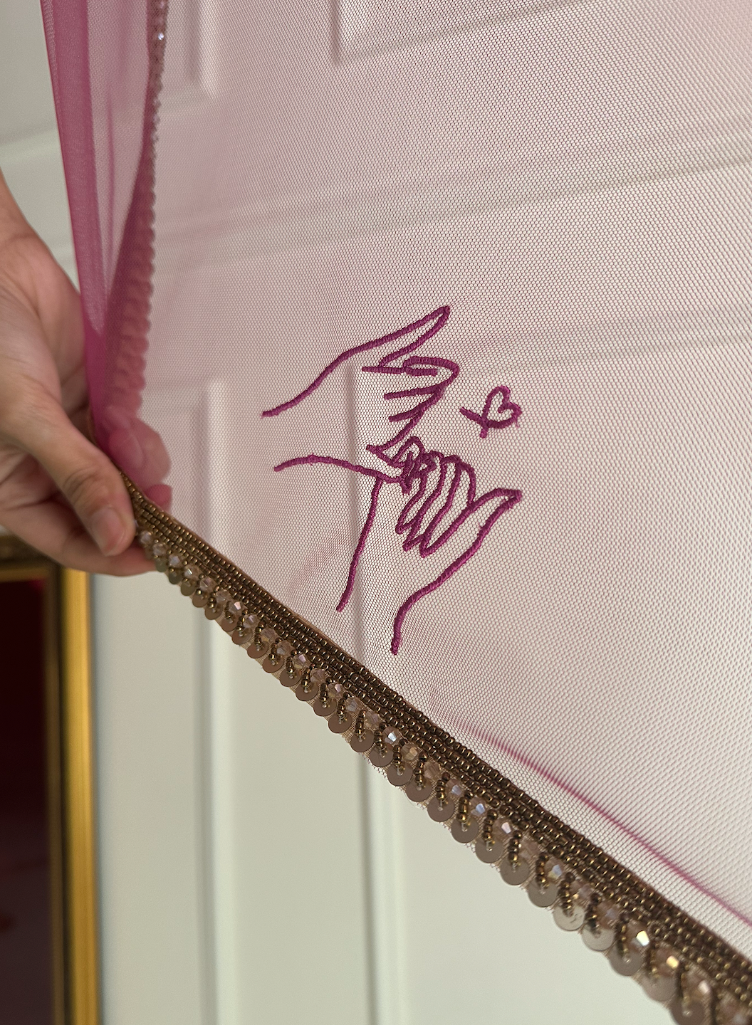 Pinky promise : A cathedral length pink veil with 3 personalisations and a handcrafted border