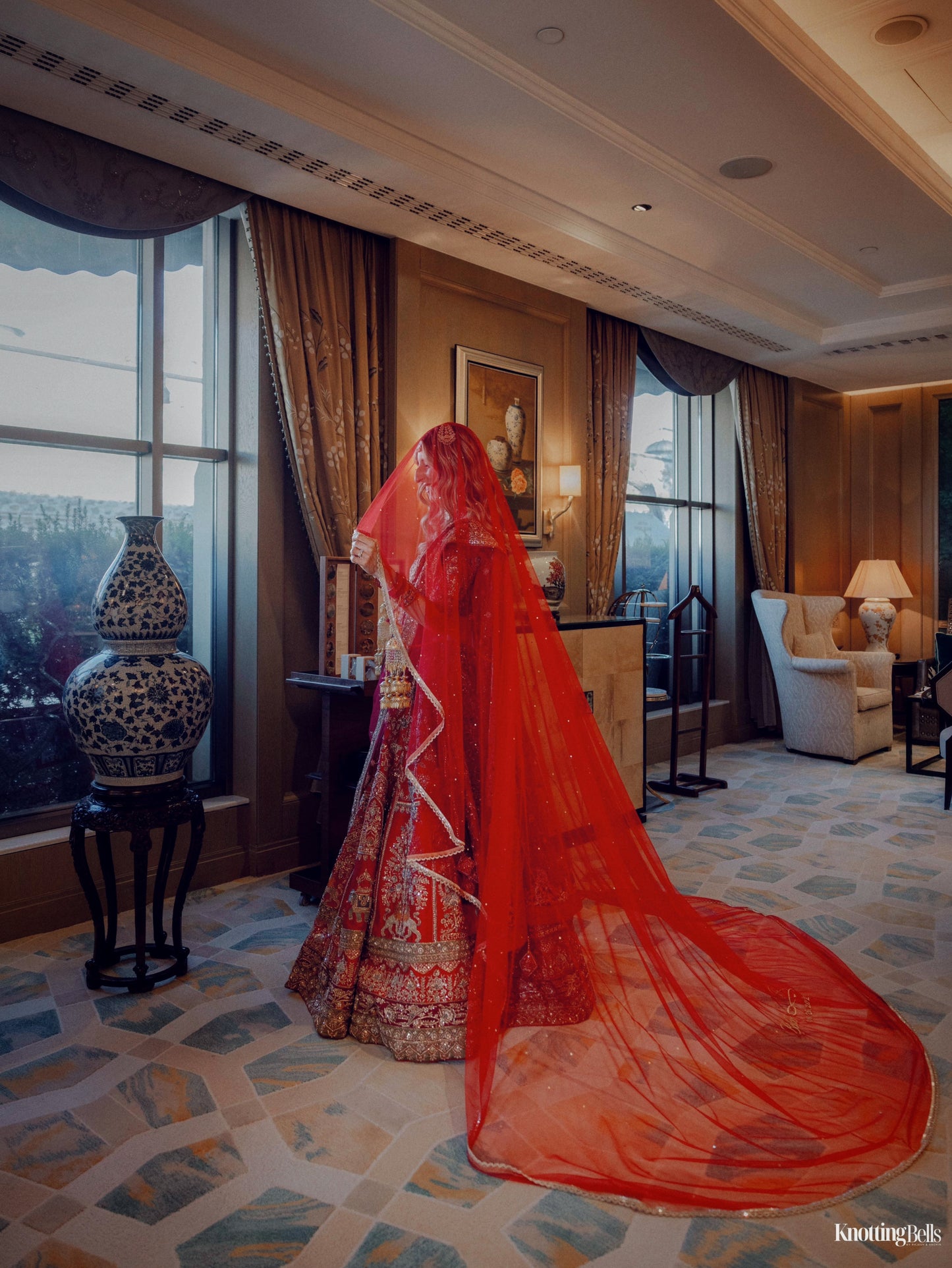 Elara : Minimal border red veil with names of bride and groom personalised