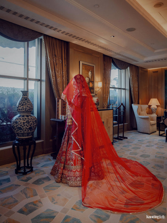 Elara : Minimal border red veil with names of bride and groom personalised