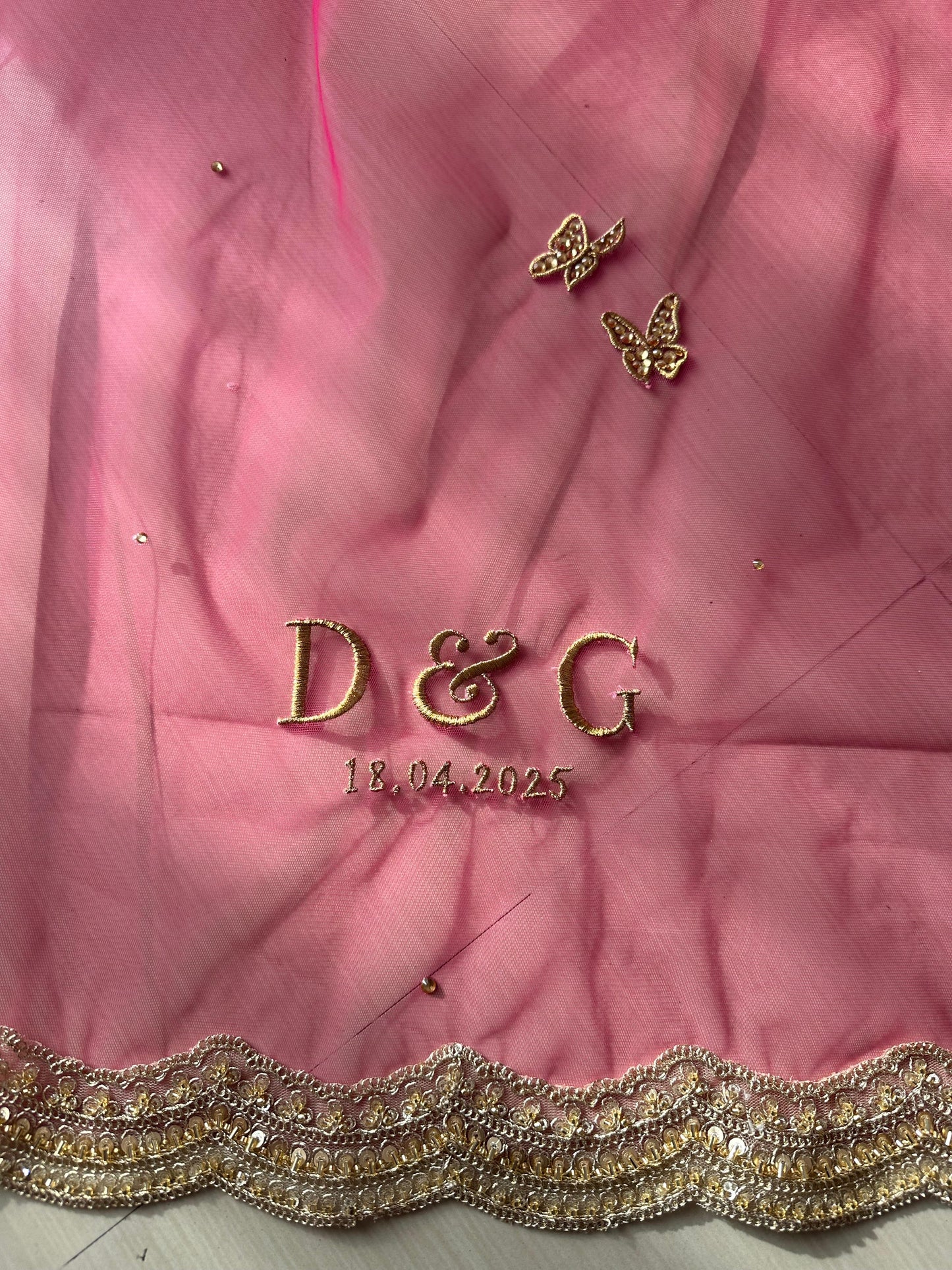 Enchanted Wings – Rani Pink Bridal Veil with Stone-Studded Butterflies