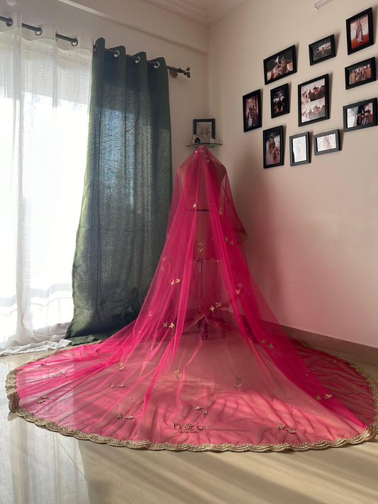 Enchanted Wings – Rani Pink Bridal Veil with Stone-Studded Butterflies