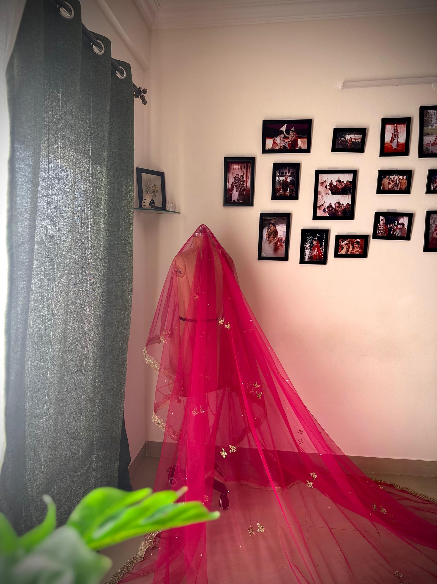 Enchanted Wings – Rani Pink Bridal Veil with Stone-Studded Butterflies