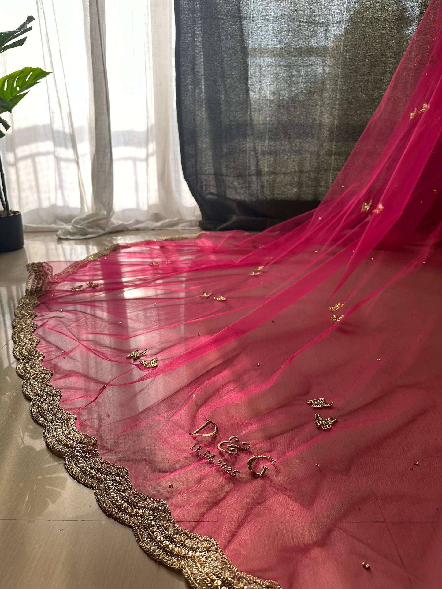 Enchanted Wings – Rani Pink Bridal Veil with Stone-Studded Butterflies