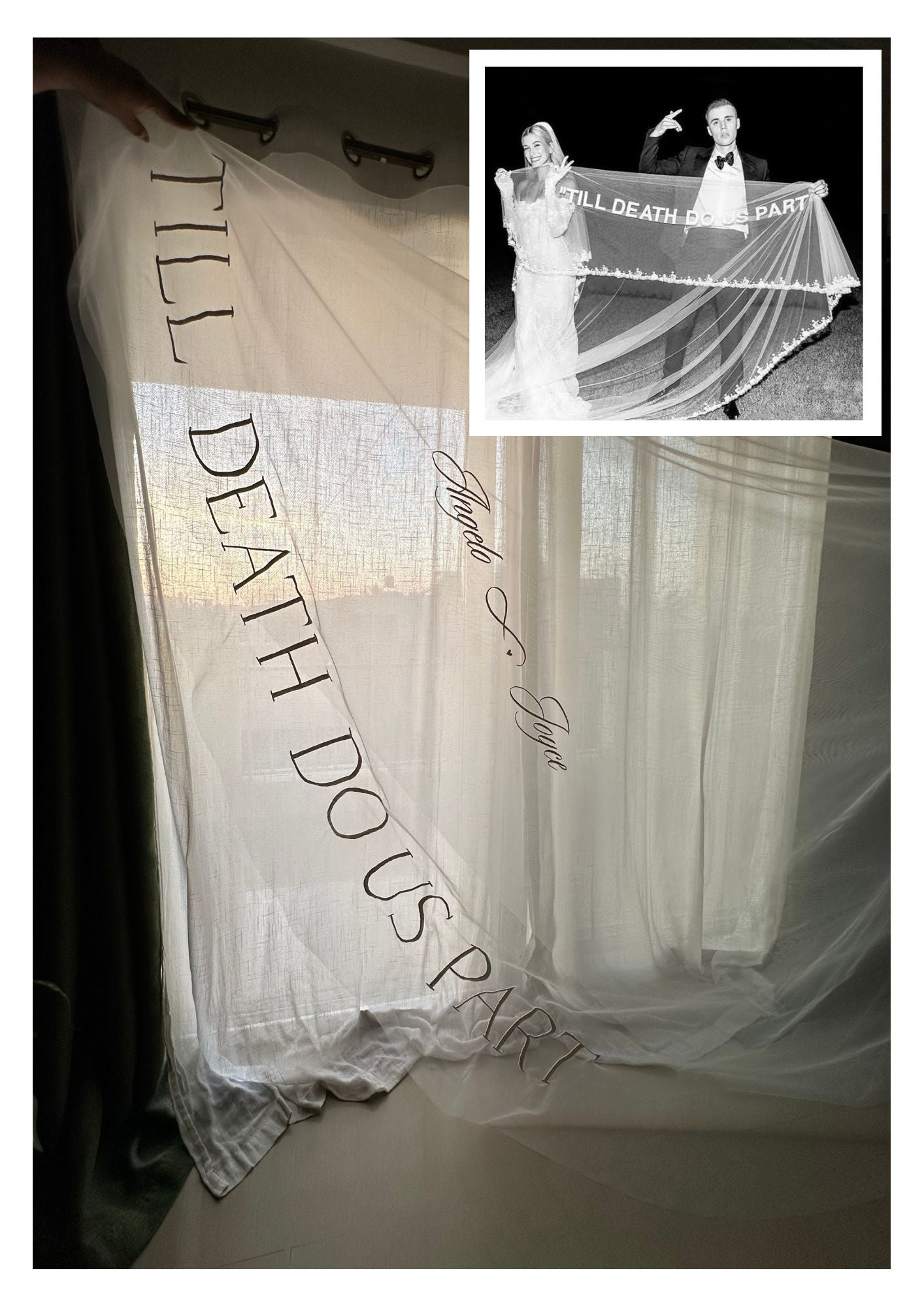 Hailey : "Till Death Do Us Part" quoted 2-tier Ivory white Cathedral Length Veil
