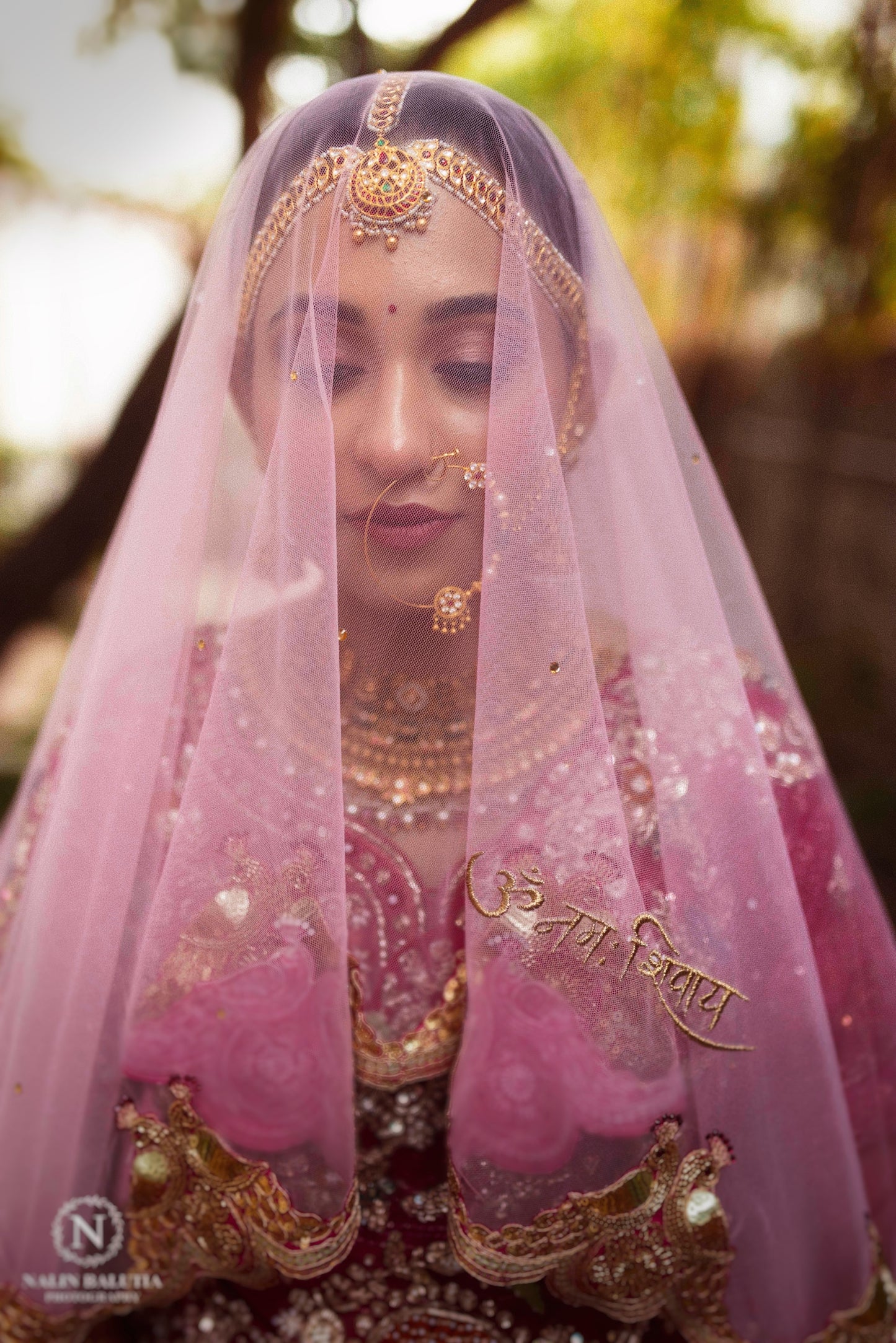 Peonique : A cathedral-length veil in a soft ombré pink, beaded peacock-inspired border