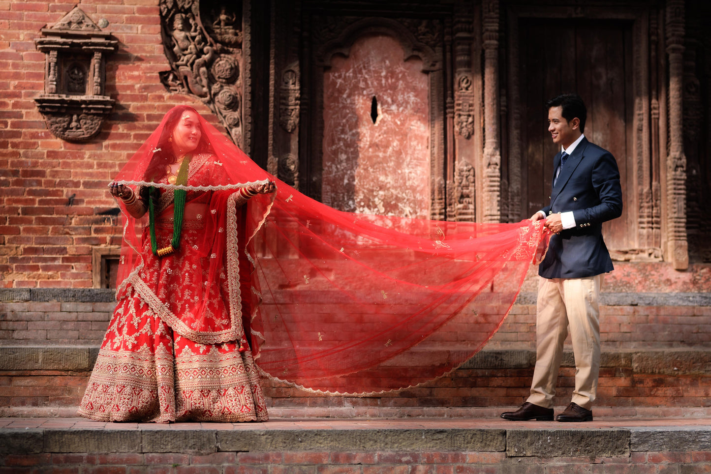 Enchanted Wings : Classic Red Bridal Veil with Stone-Studded Dragonflies & shlokas