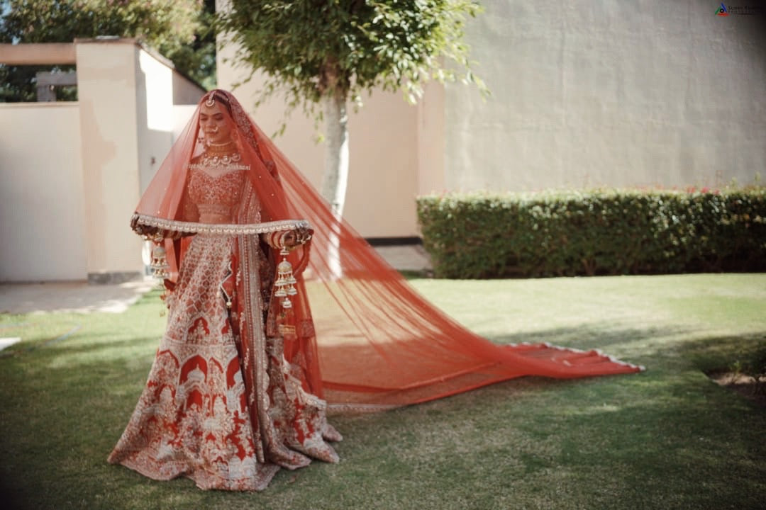 Scarlet Veda - Cathedral length Red veil with Sanskrit quote personalised