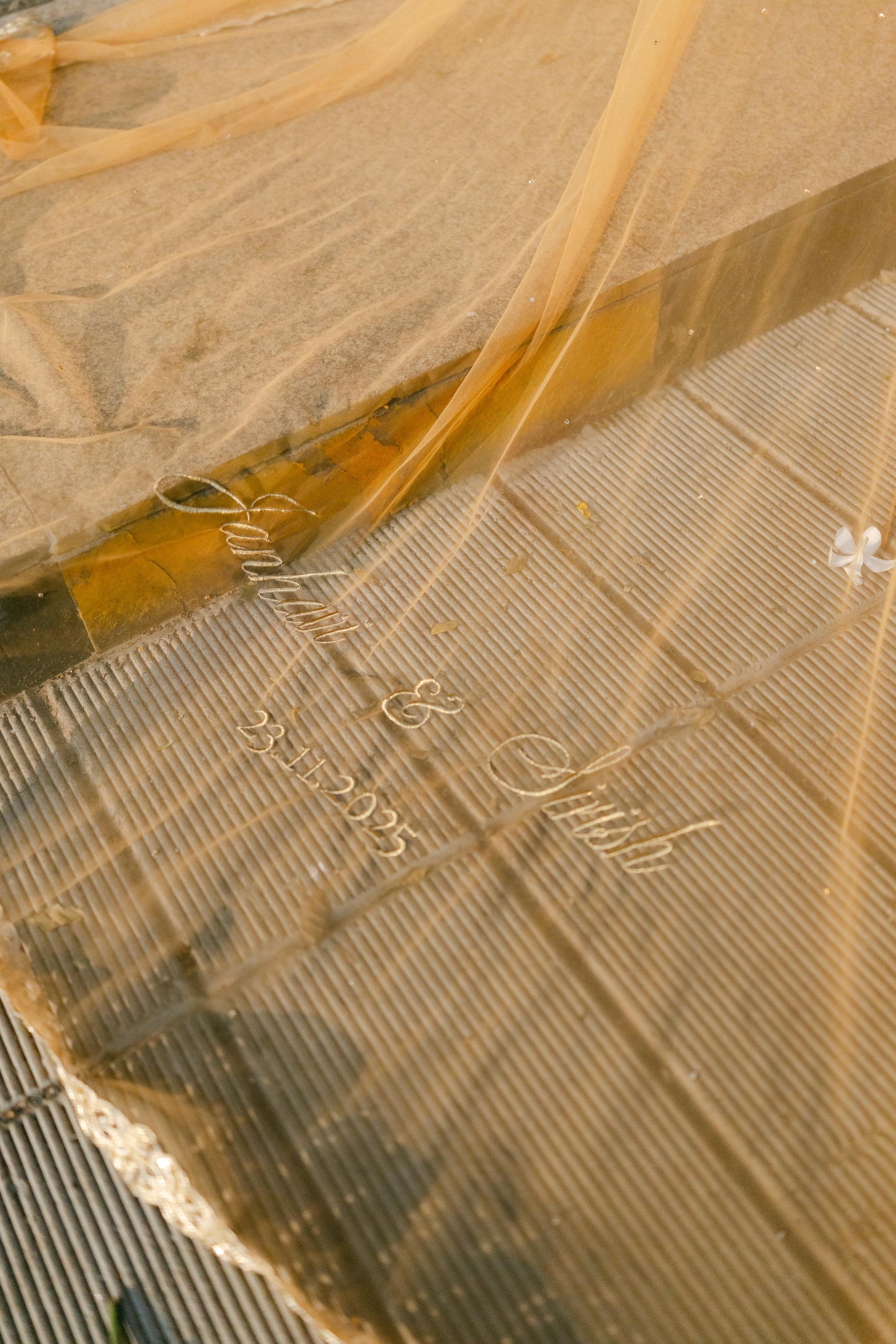 Golden Hour : A Love story veil in Golden with 10 Storytelling Motifs and Cut-work Floral Border