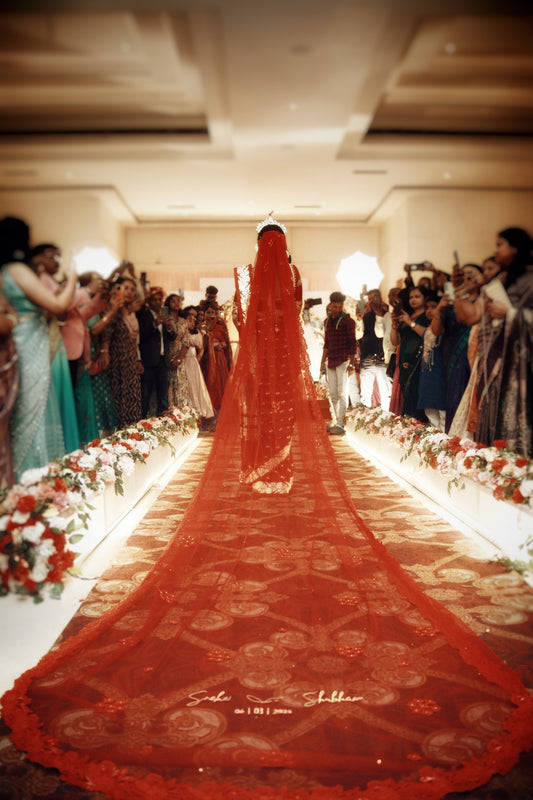 Ever Thine – Romantic Red Veil with Bride & Groom Names in Custom Embroidery