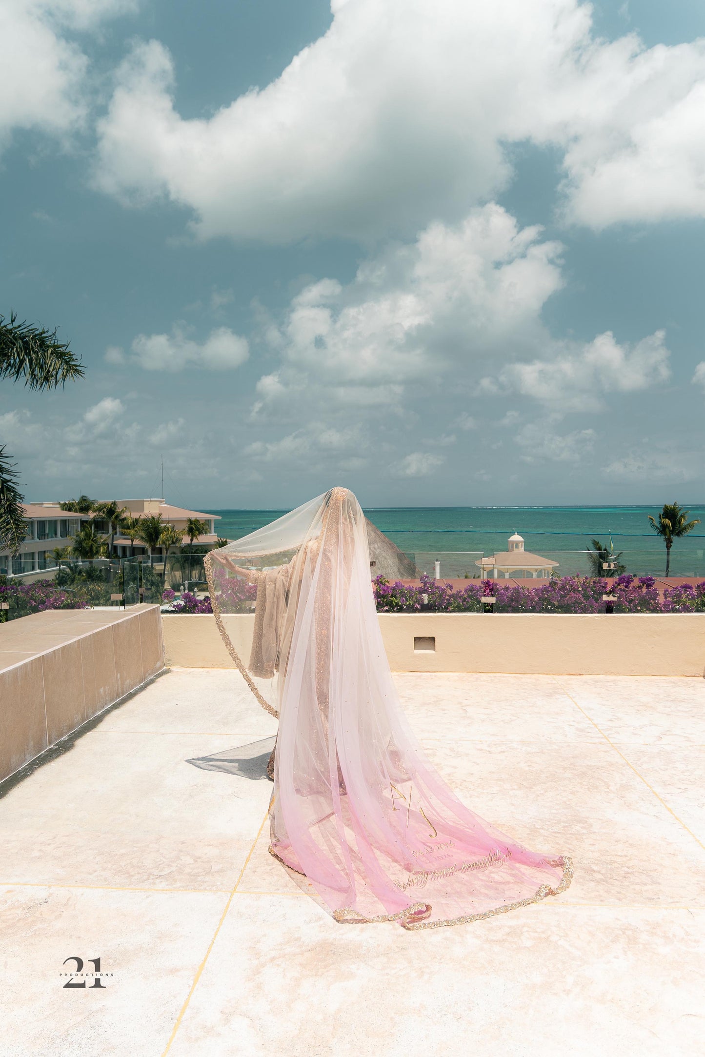 Rosette : An Ombre Blush pink length Veil with Initials & Quote