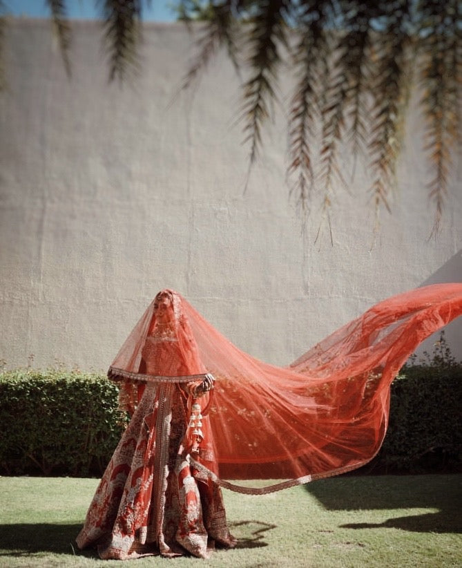Scarlet Veda - Cathedral length Red veil with Sanskrit quote personalised