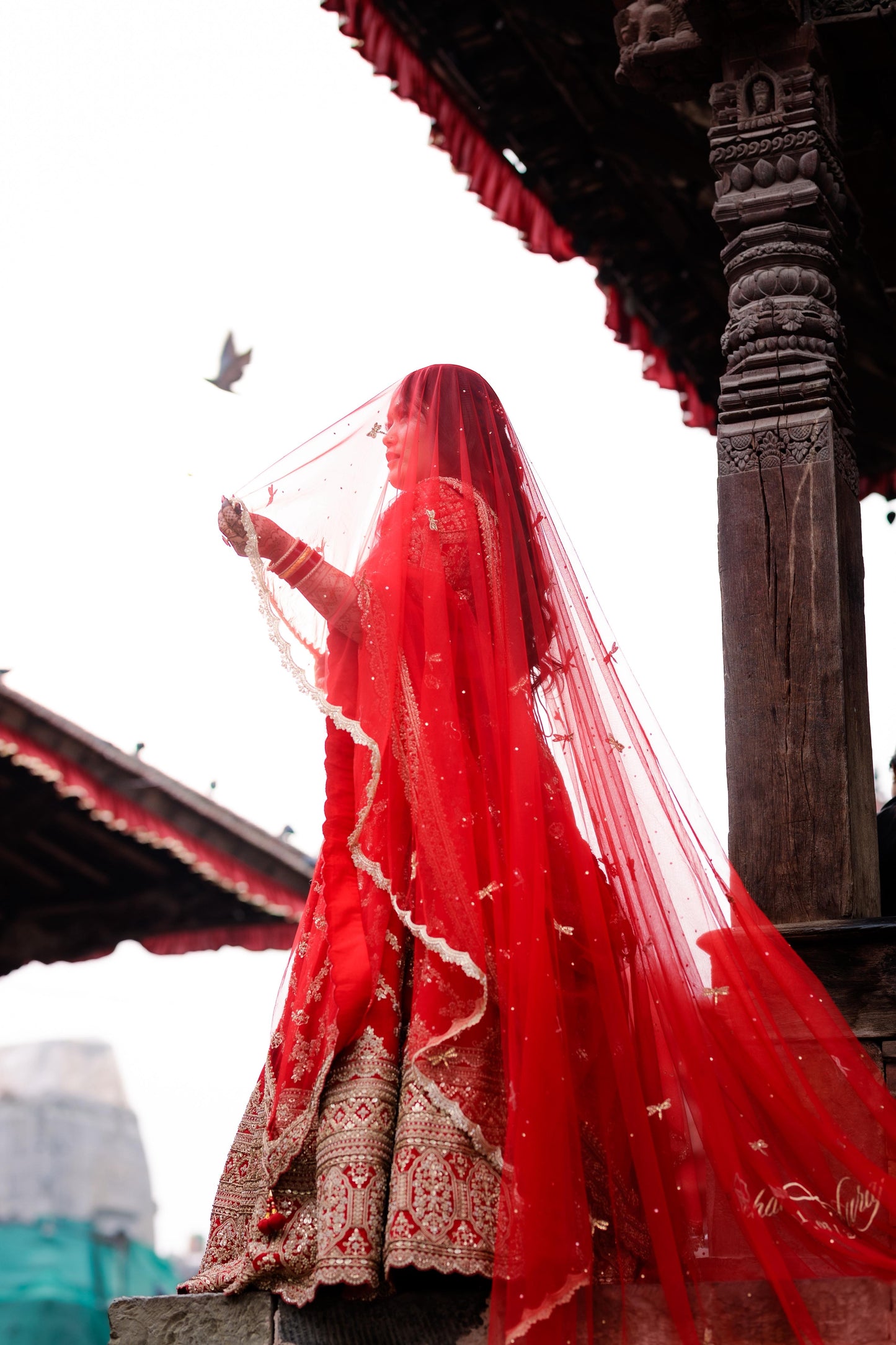 Enchanted Wings : Classic Red Bridal Veil with Stone-Studded Dragonflies & shlokas