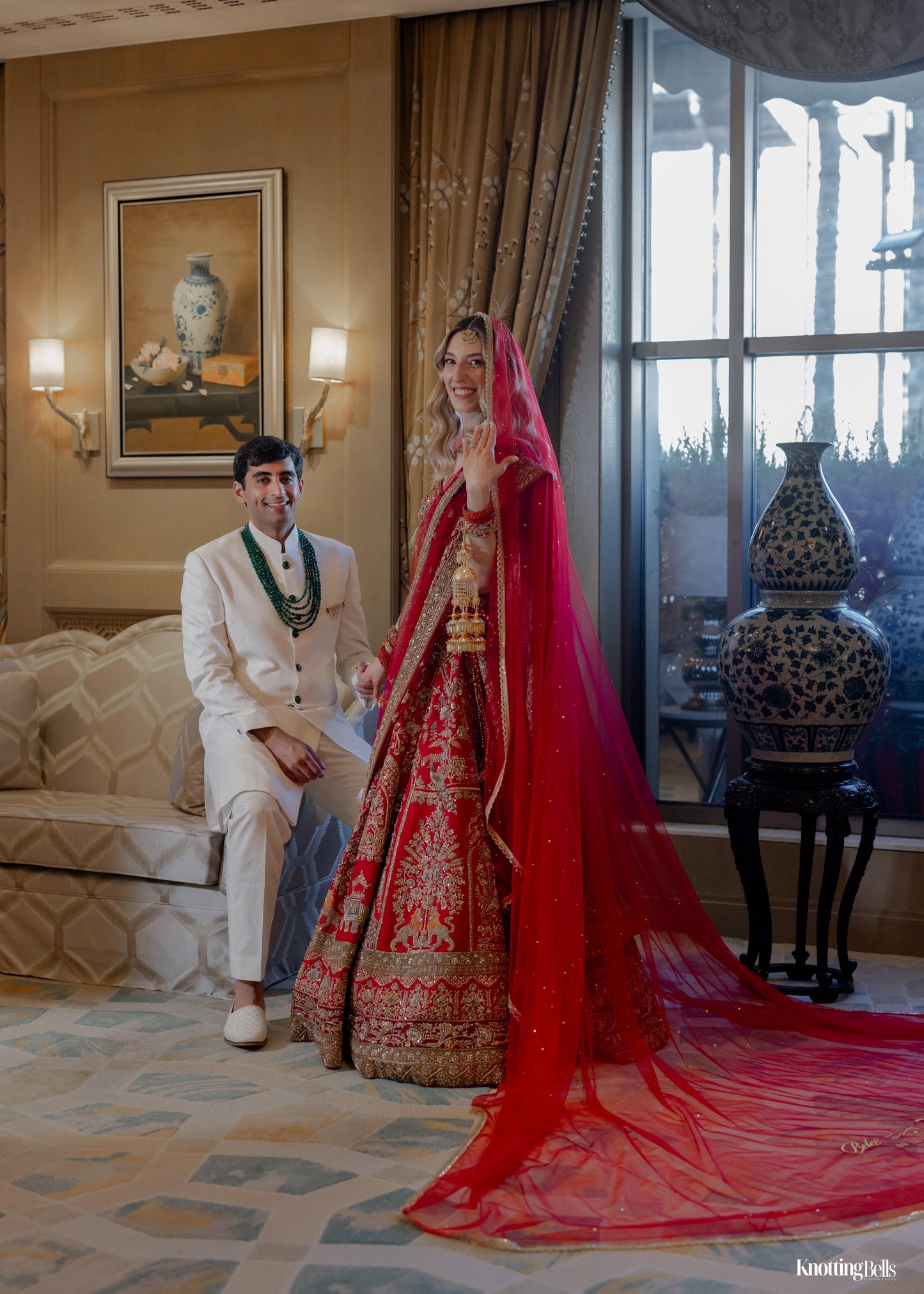 Elara : Minimal border red veil with names of bride and groom personalised