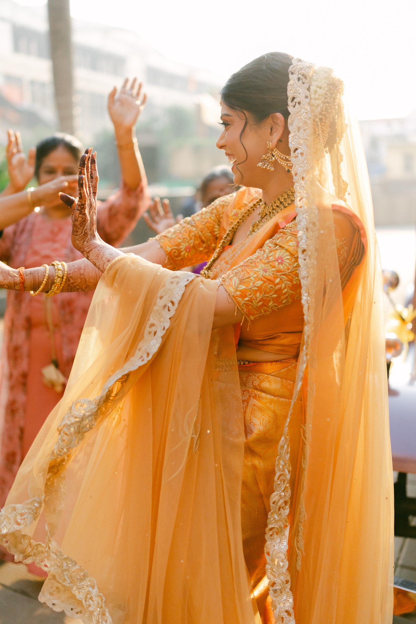Golden Hour : A Love story veil in Golden with 10 Storytelling Motifs and Cut-work Floral Border