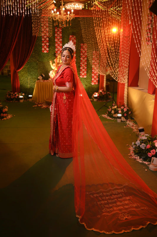 Suchipatra : A Handcrafted Red Cathedral Bridal Veil with Bengali fonts personalised