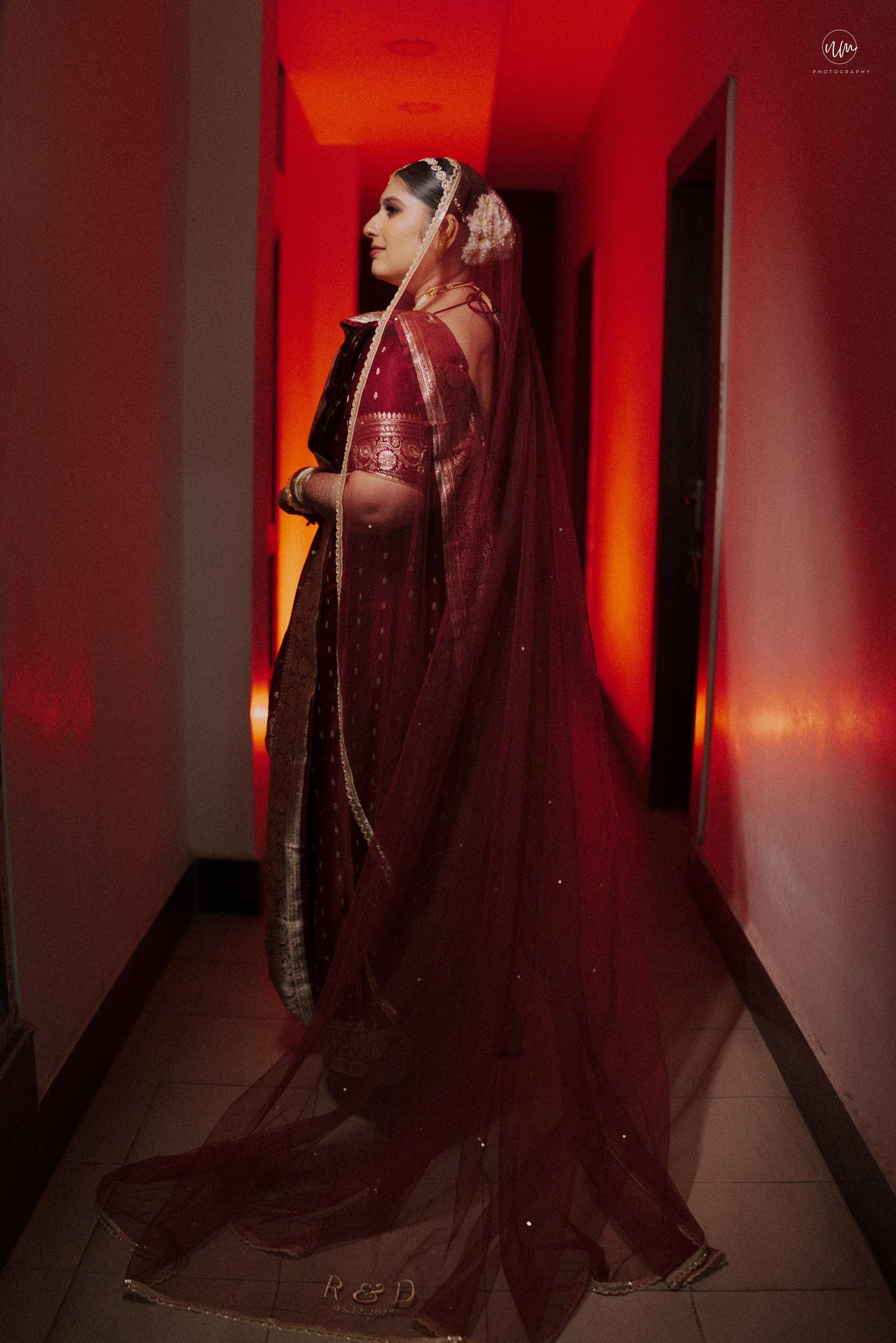 Elara : Minimal border chapel length veil with names of bride and groom personalised