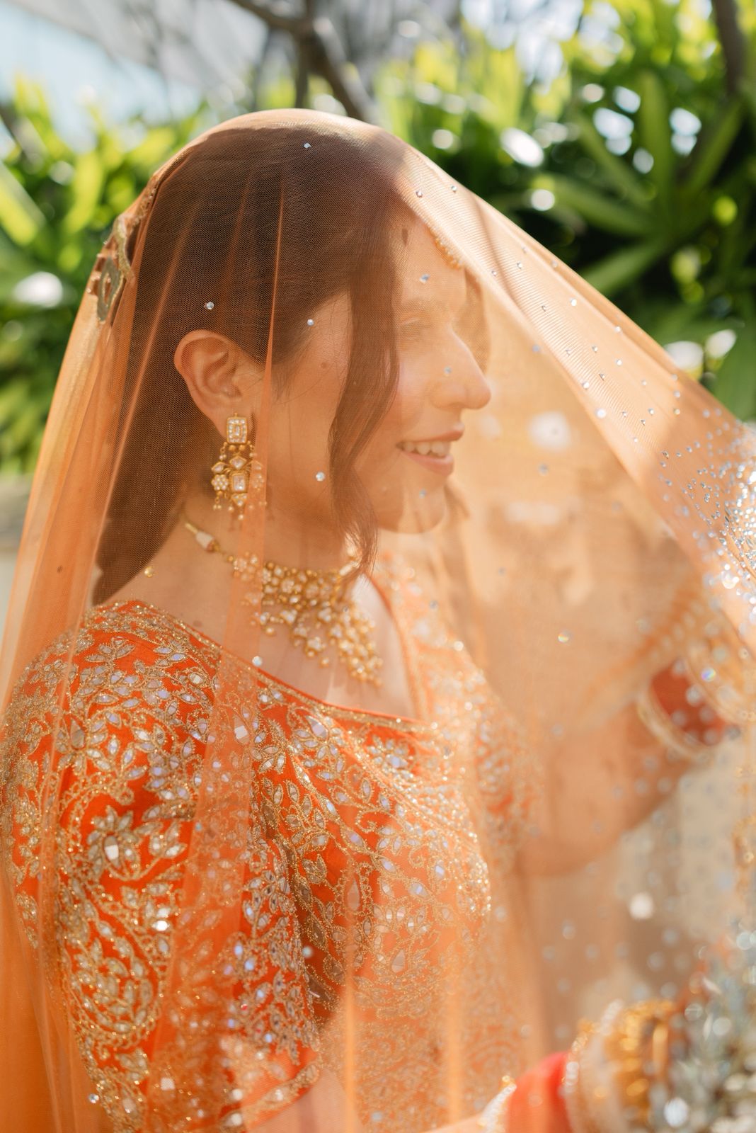 Kesariya : A Coral mirrored Cathedral length Bridal Veil with embroidered personalisations