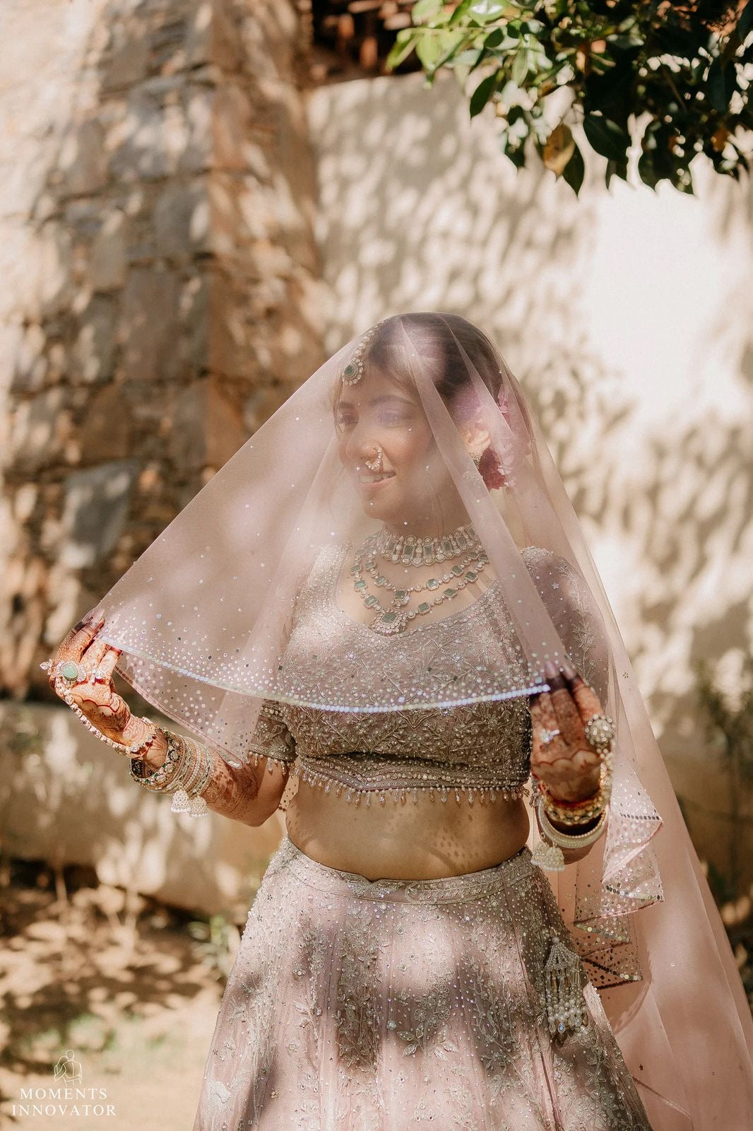 Stardust – A Dusky Pink Hand-Studded Mirrored Bridal Veil with Ombre Embellishments