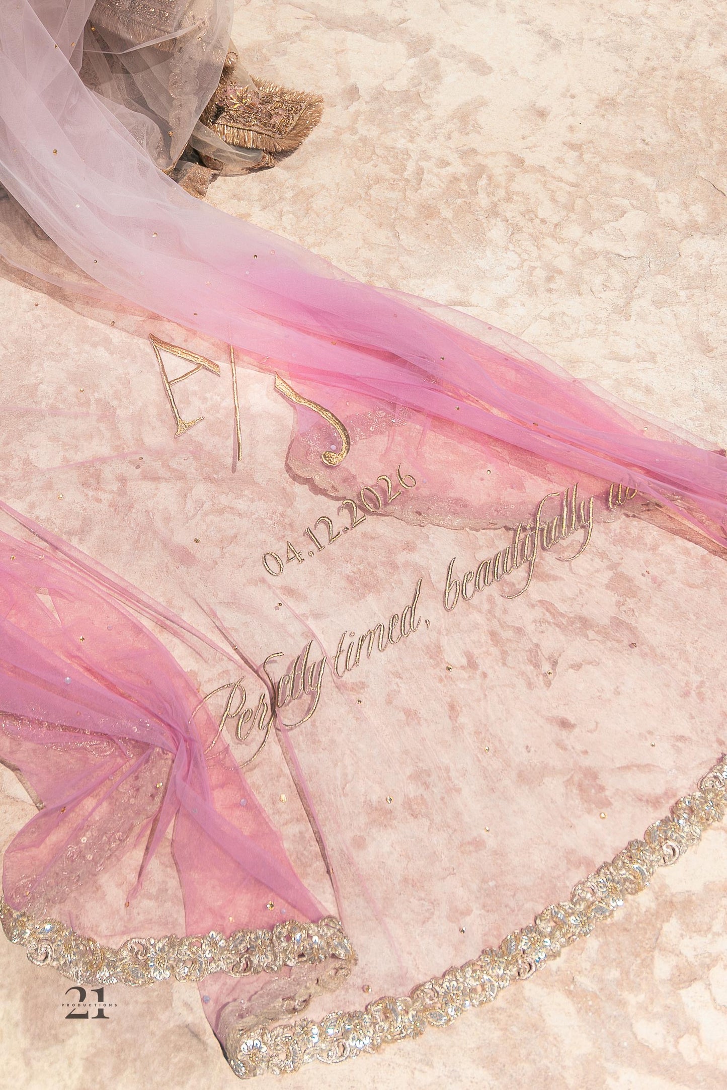 Rosette : An Ombre Blush pink length Veil with Initials & Quote