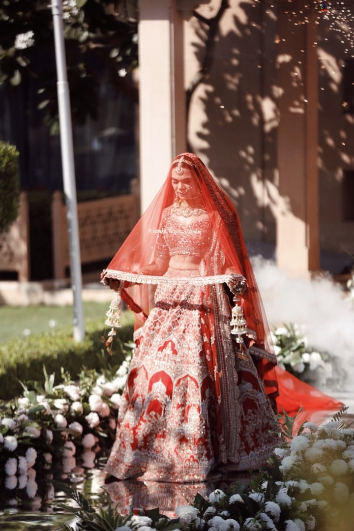 Scarlet Veda - Cathedral length Red veil with Sanskrit quote personalised