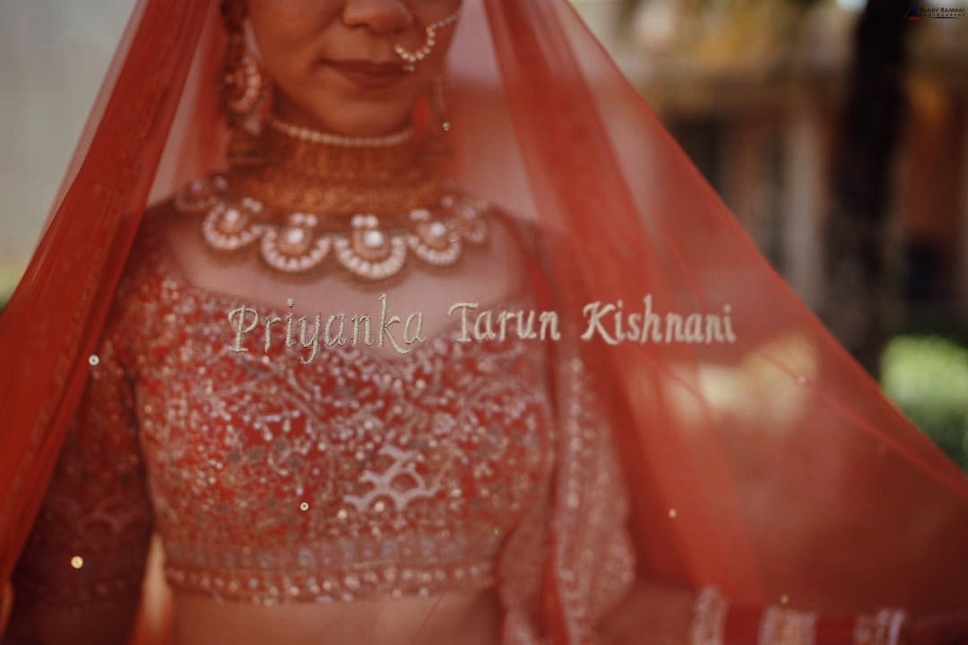 Scarlet Veda - Cathedral length Red veil with Sanskrit quote personalised